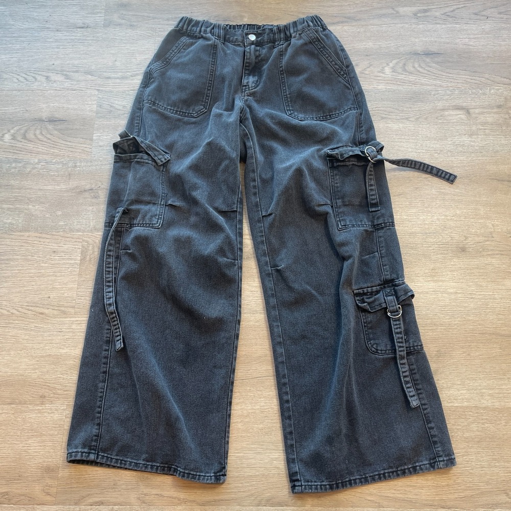 Vtg Black Wide Leg Cargo Jeans Straps Buckles Washed Denim Skate Grunge Baggi